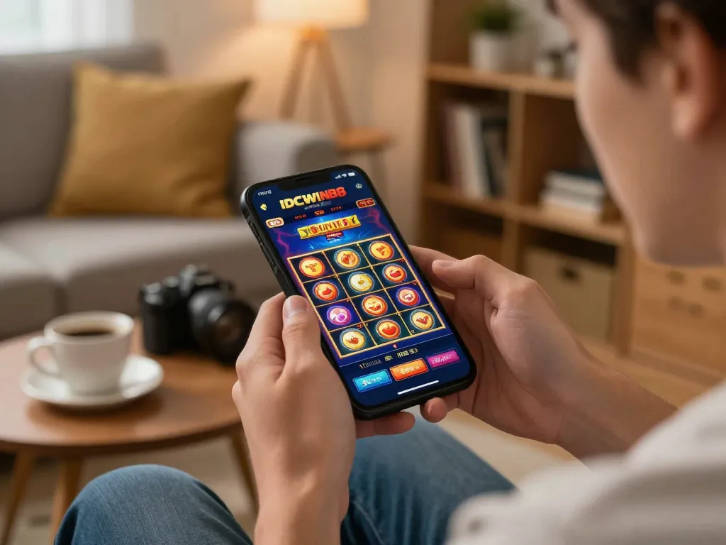 IDCWIN88 player engages with vibrant casino game on smartphone, showcasing online gambling excitement.