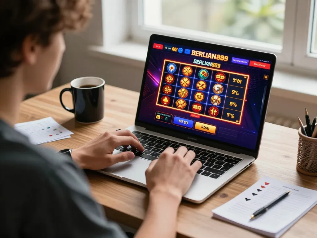 Player engaging with the BERLIAN889 online casino interface while strategizing with notes in a cozy home office.
