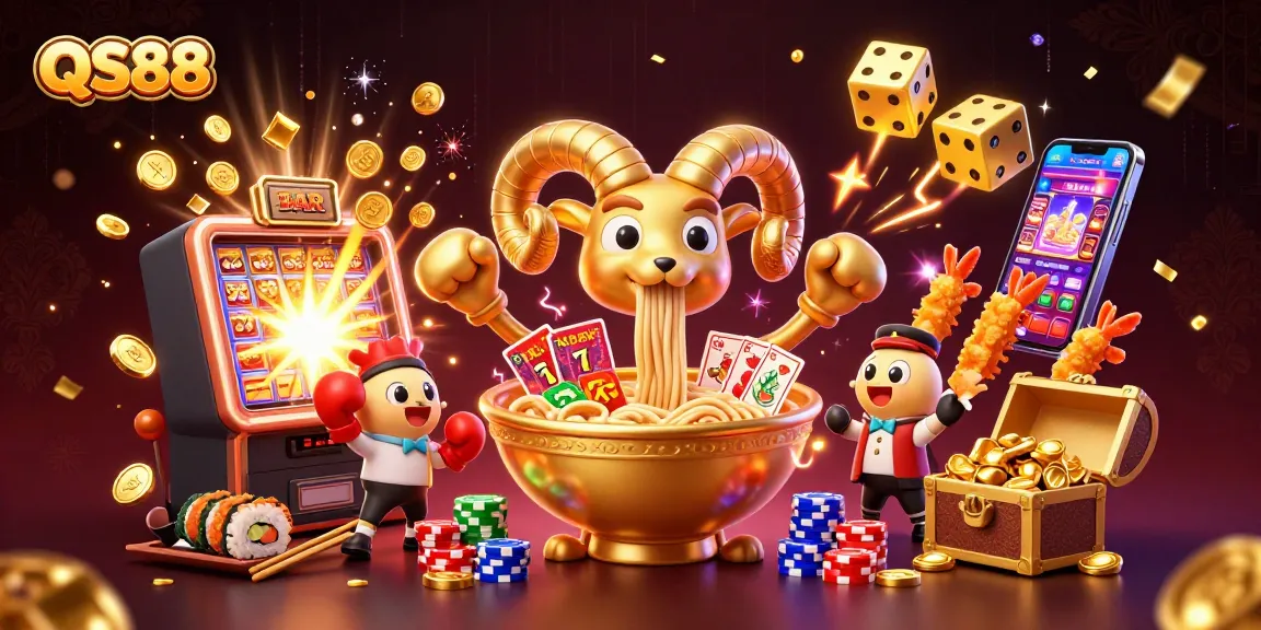 QS88 slot game excitement with a giant ramen bowl character and jackpot explosion