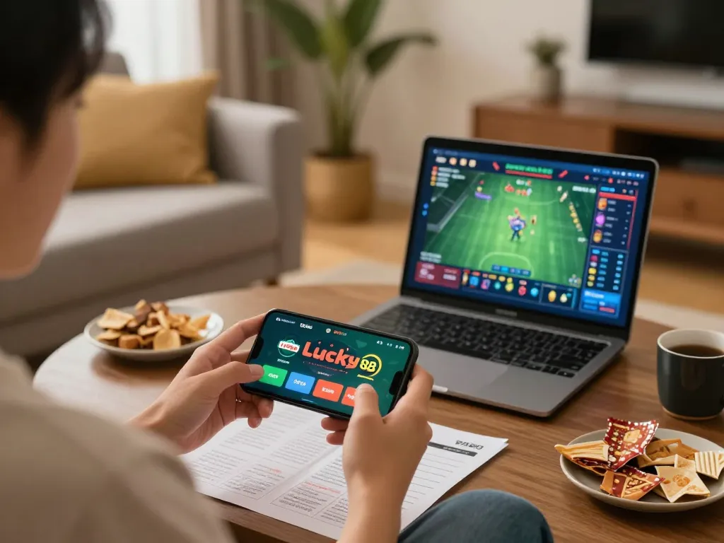 Engaging with the Lucky88 app for strategic online gaming at home, enjoying a cozy atmosphere