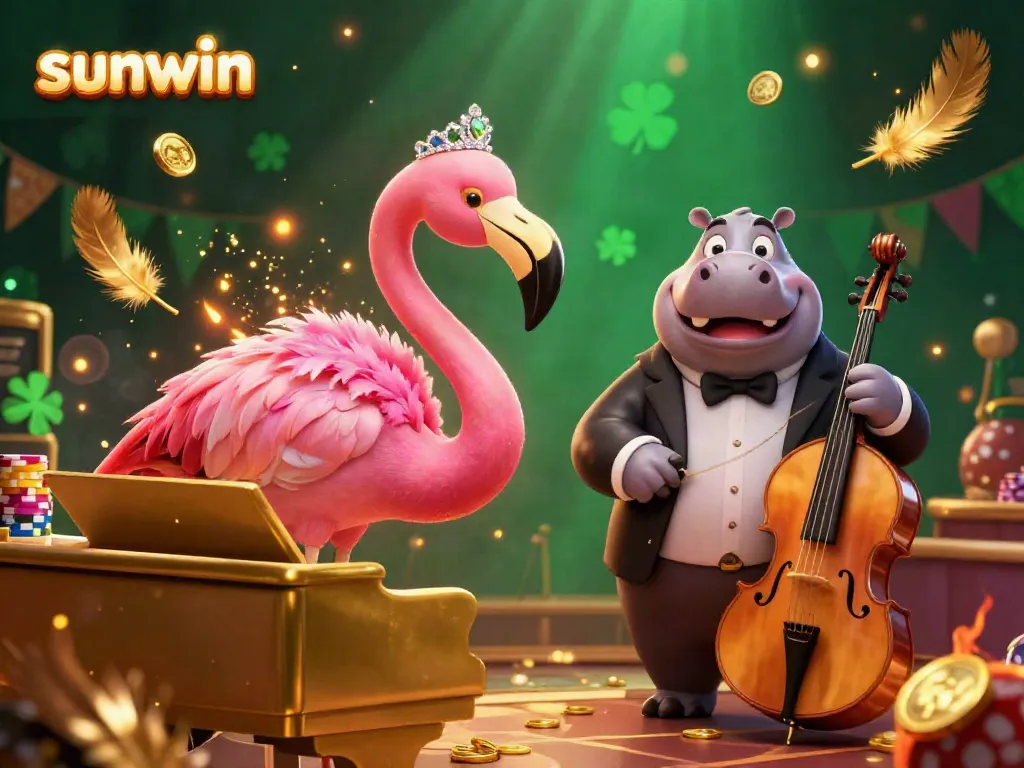 A vibrant sunwin online casino scene with a flamingo singer and hippo bassist creating festive energy.