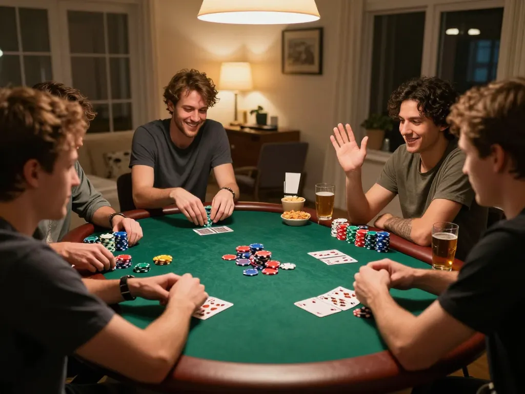 LIGALGO players enjoying an exciting home poker night with colorful chips and cards.