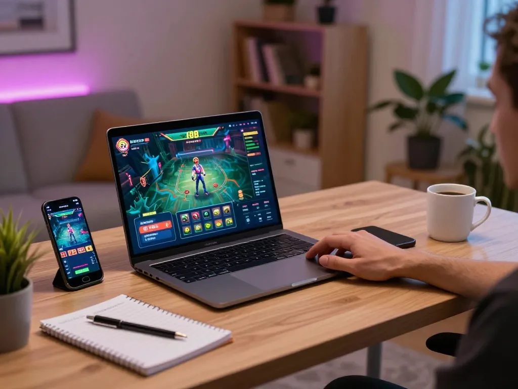 Engaging gameplay on QQ 88 online casino app showcased on a laptop and smartphone in a cozy home environment