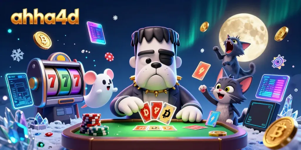Experience thrilling card games with ahha4d's lively cartoon characters in a spooky casino setting.