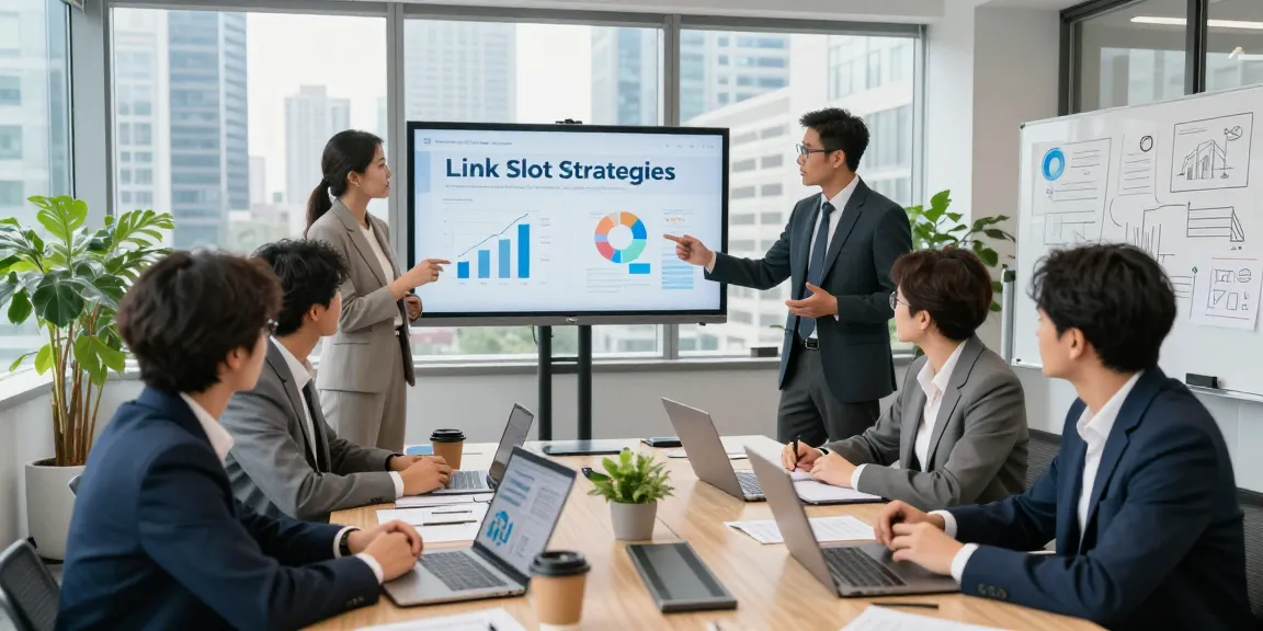 Business team discussing link slot strategies in a modern office