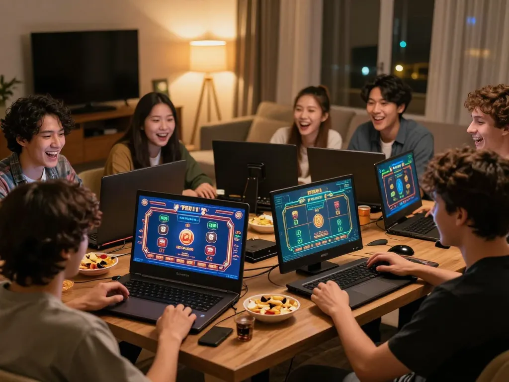 Friends enjoying competitive online gaming with PERI11 app in a cozy living room setting.