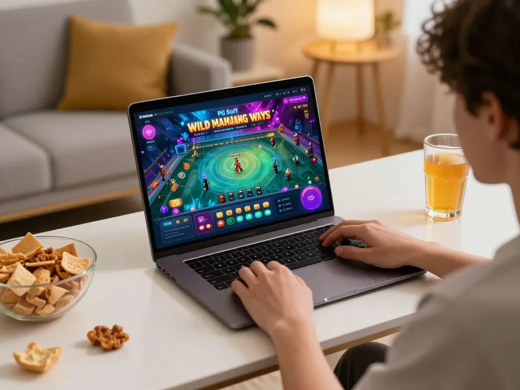 IDNSCORE user engaging in PG Soft Wild Mahjong Ways online game, showcasing exciting gameplay in a cozy home setting.