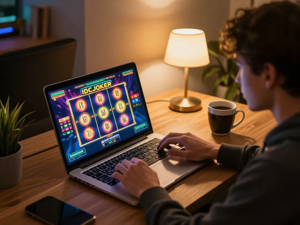 IDCJOKER player enjoying vibrant slots on a laptop, showcasing a strategic home gaming setup.