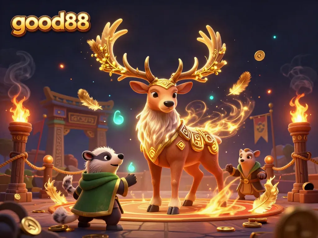Experience thrilling action at good88 casino with a dynamic scene of unique characters in a magical setting.