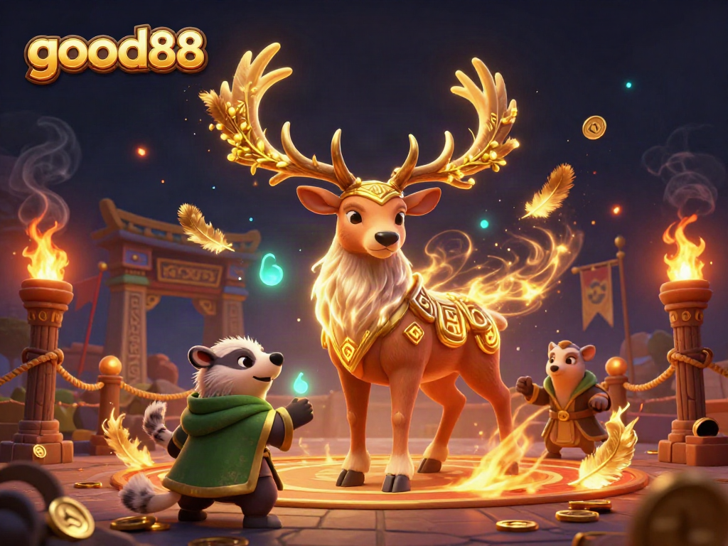 Experience thrilling action at good88 casino with a dynamic scene of unique characters in a magical setting.