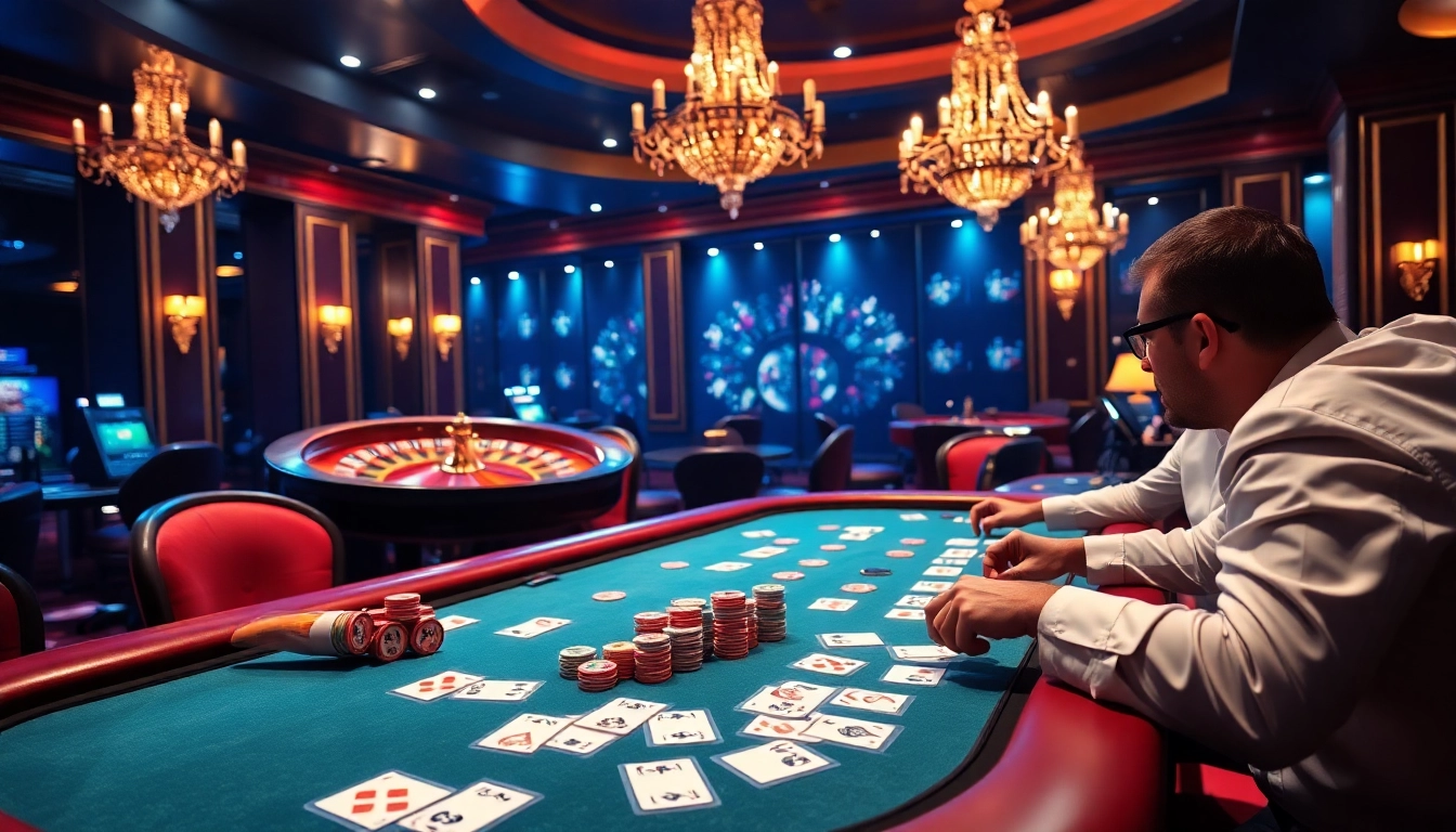 Engaging players enjoying poker online at a professional casino table with colorful chips and cards.