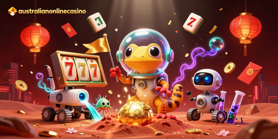 Experience the excitement of winning at australianonlinecasino, featuring a lucky Martian gecko amidst vibrant casino elements.