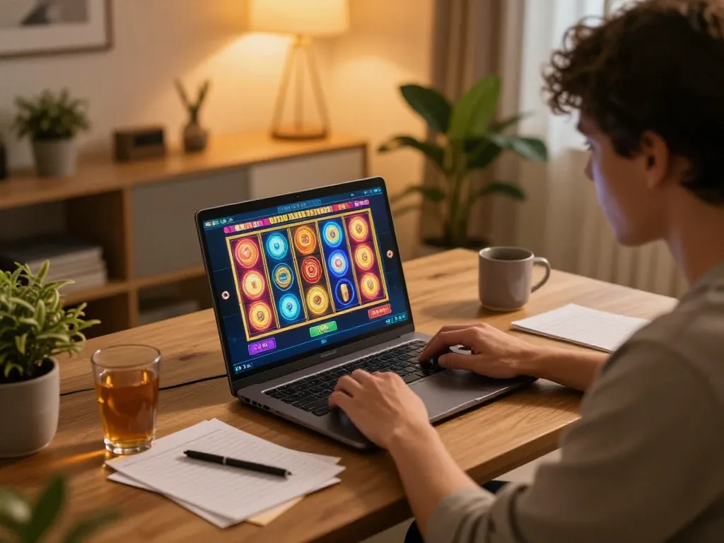 Sit at home gaming on situs slot gacor with a laptop displaying colorful slots and strategy notes.
