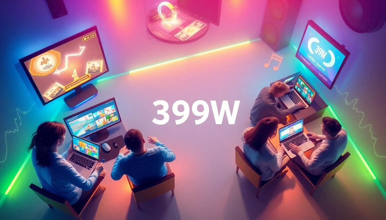 Vibrant 399W gaming platform showcase with interactive elements and creative atmosphere.