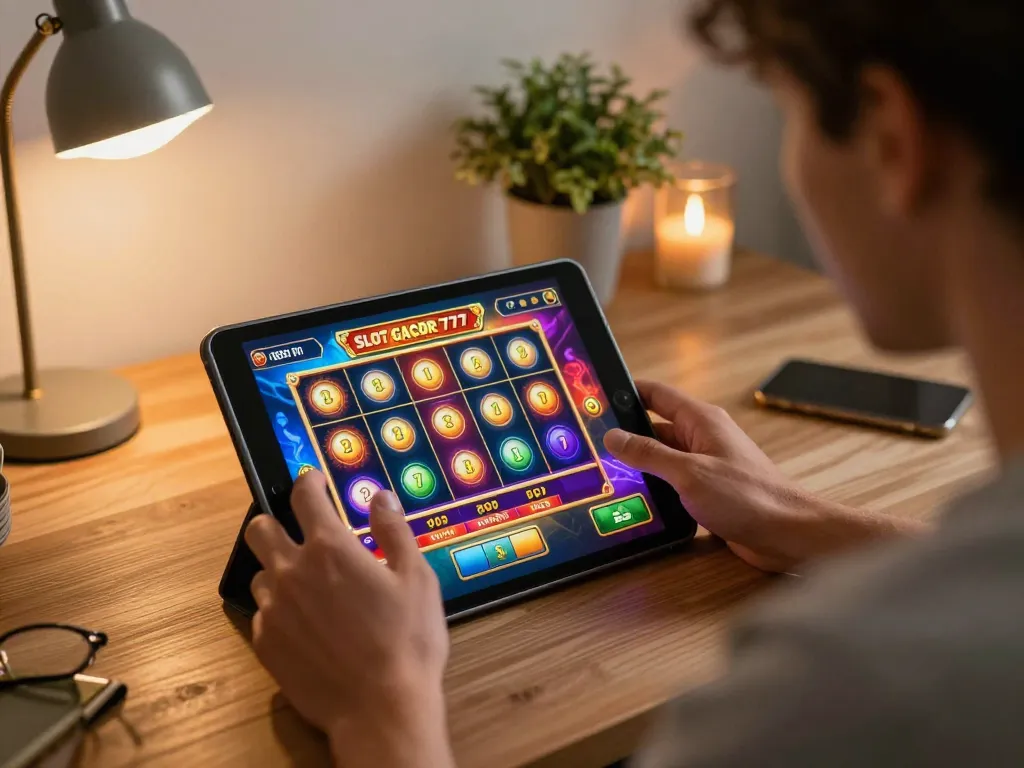 Engaged gamer exploring SLOT GACOR 777 on tablet in a stylish home setting, emphasizing strategic gameplay.