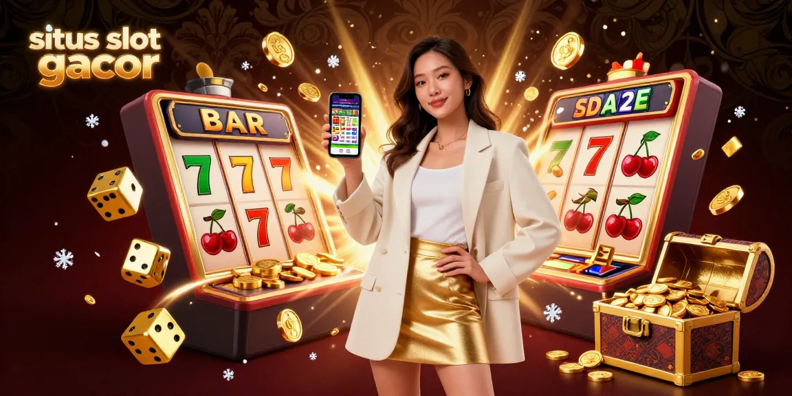 Engage with the situs slot gacor featuring stunning casino elements and a friendly woman showcasing a sports betting app.