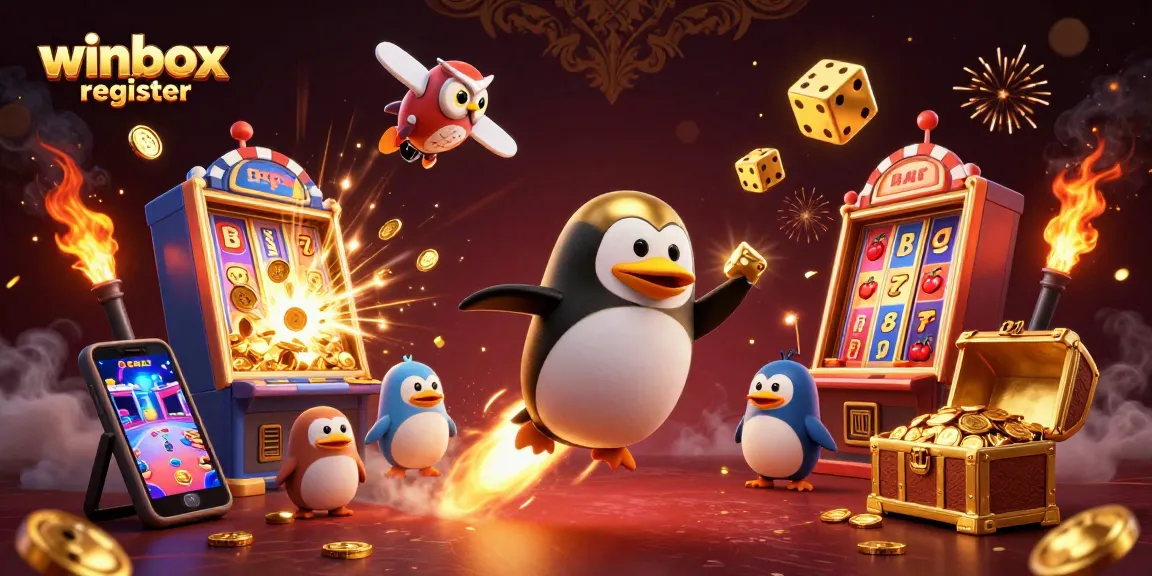 Winbox register creation scene, featuring a golden penguin and casino elements in vibrant 3D art.