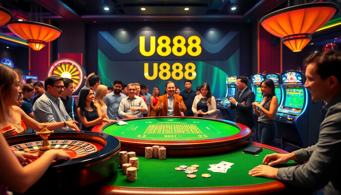 U888 casino table with vibrant poker chips, cards, and roulette wheel in a luxurious setting.