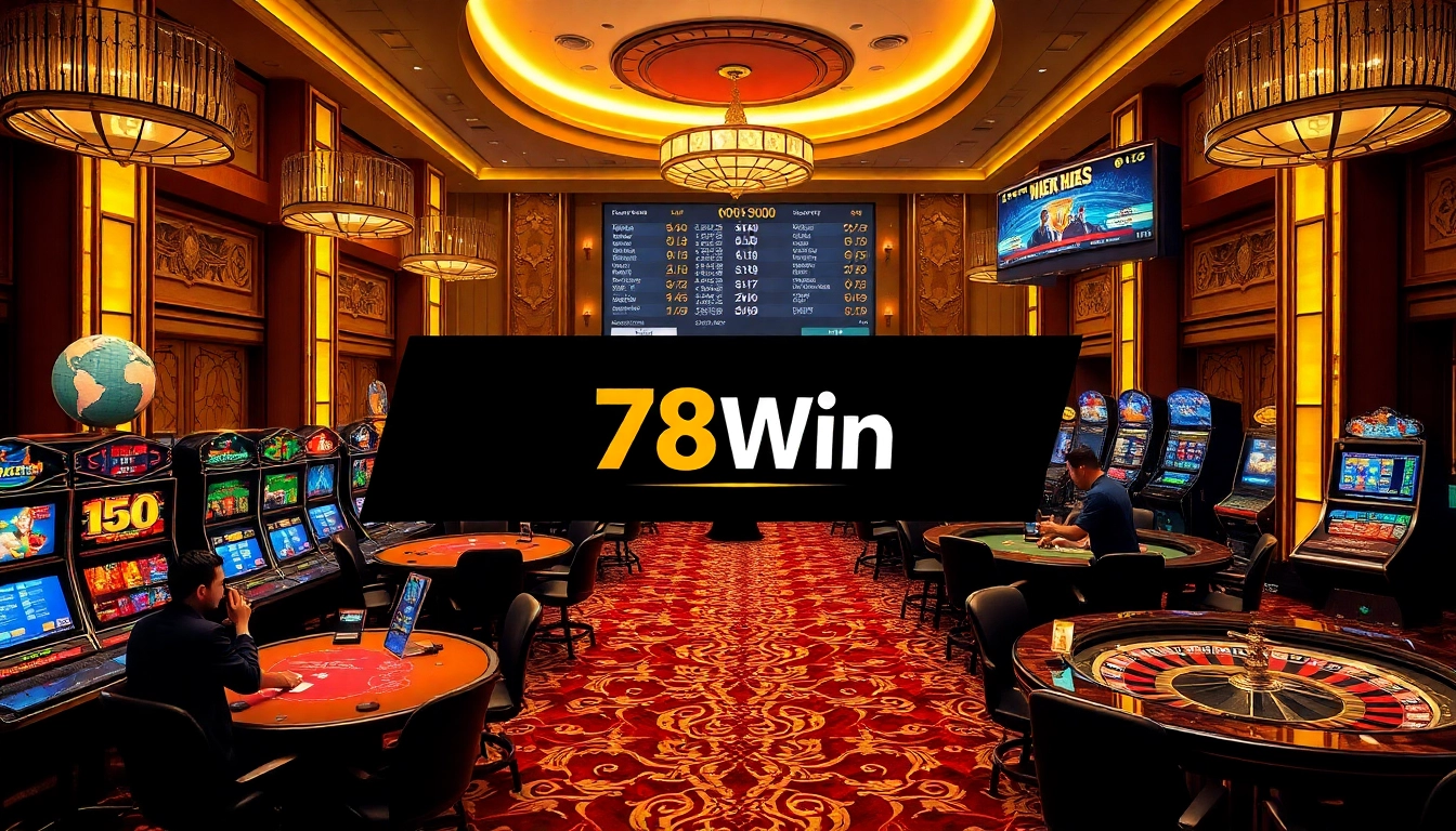 78Win players engaging with slot machines and card tables in a luxurious casino atmosphere.