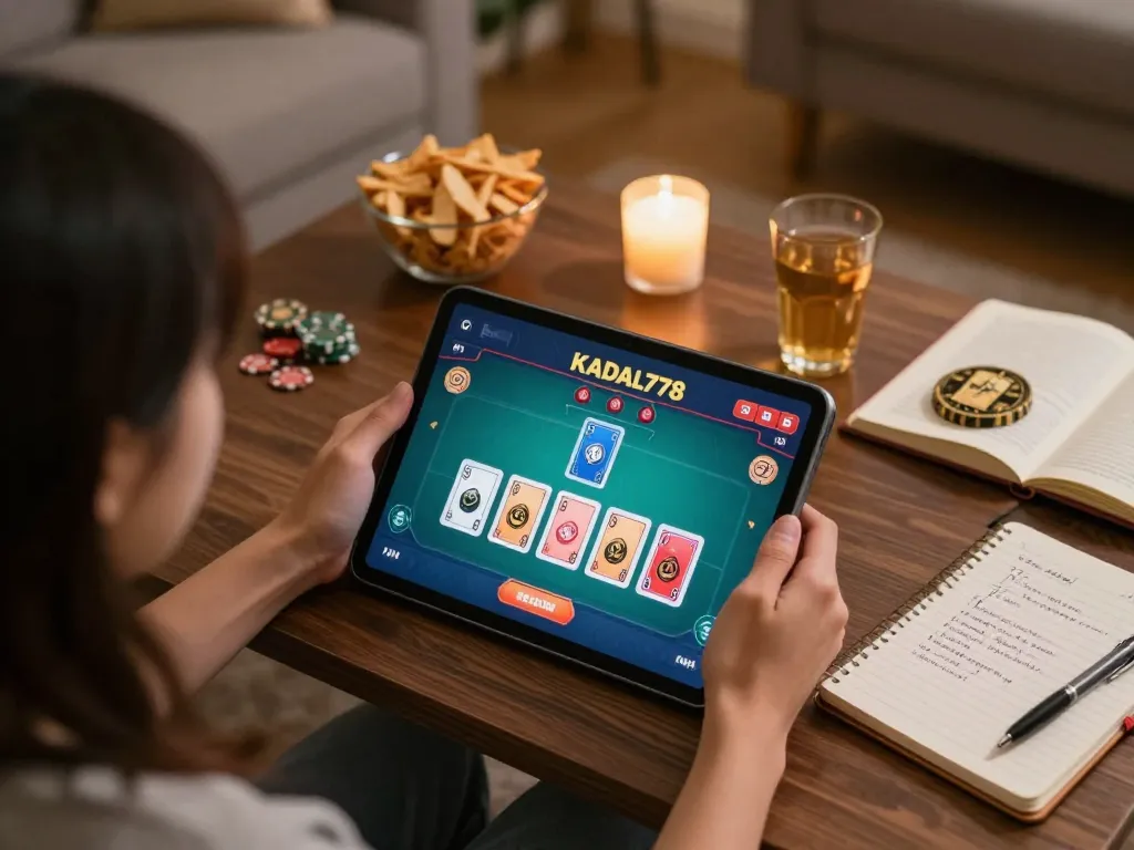 KADAL778 gameplay on tablet showing interactive poker strategy in a cozy home setting.