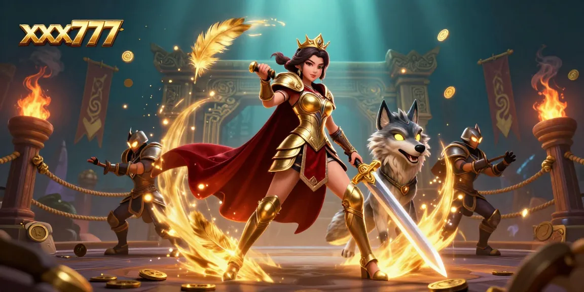 Bet big with xxx777's thrilling 3D illustration featuring a warrior queen and gaming elements.