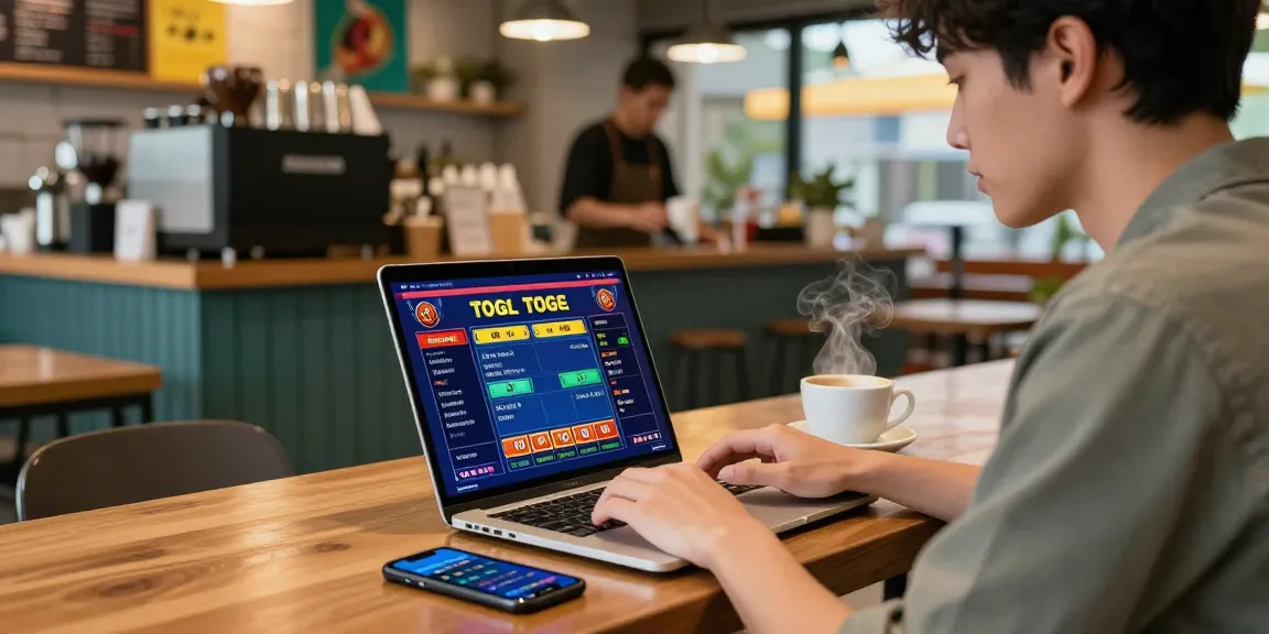 Pengguna terlibat dalam permainan ratutogel di kafe modern, laptop menampilkan antarmuka taruhan yang menarik.