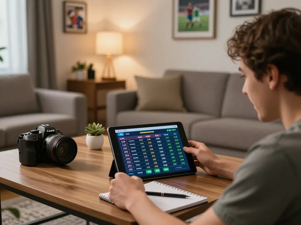 Engaging in kèo nhà cái betting with a tablet in a cozy home setup, reflecting excitement and strategy.