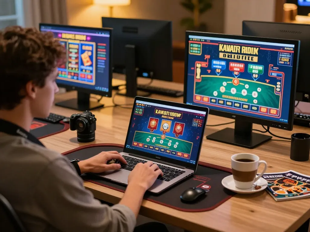 Engage with 78win online poker strategy at a cozy gaming setup with multiple screens.