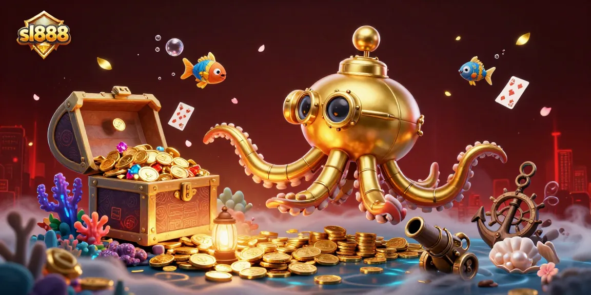 Experience the thrill of winning at sl888 with an exhilarating underwater adventure featuring a golden kraken submarine.