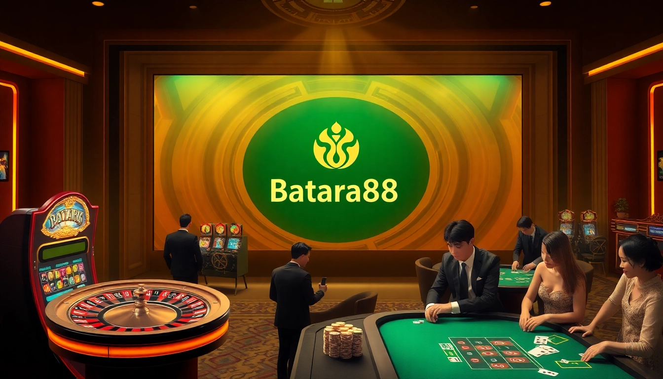 Experience the excitement of Batara88 in a luxurious casino setting showcasing roulette, poker, and vibrant slot machines.