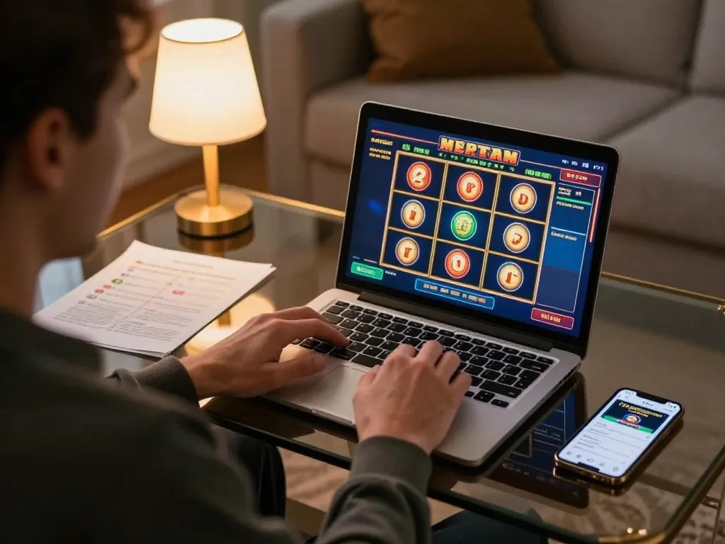 llwin player enjoying online slots in a cozy home setting with strategy notes and smartphone.