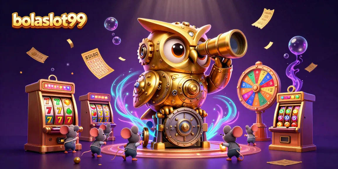 Bolaslot99 showcases vibrant 3D cartoon characters in a bustling casino scene filled with slot machines.