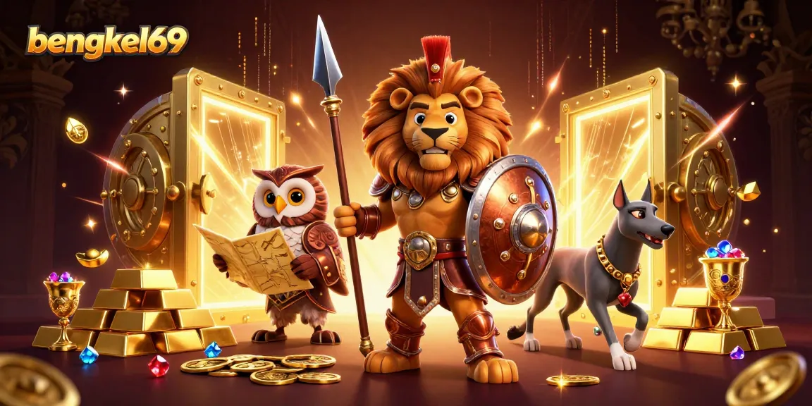 Experience glory with bengkel69's vibrant 3D illustration showcasing a Spartan lion and treasures.