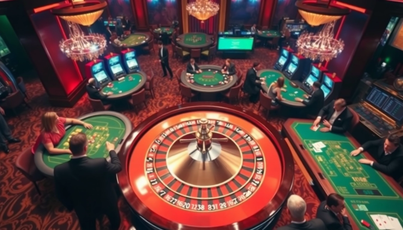 S8-themed casino scene with players at roulette and poker tables, showcasing luxury and excitement.