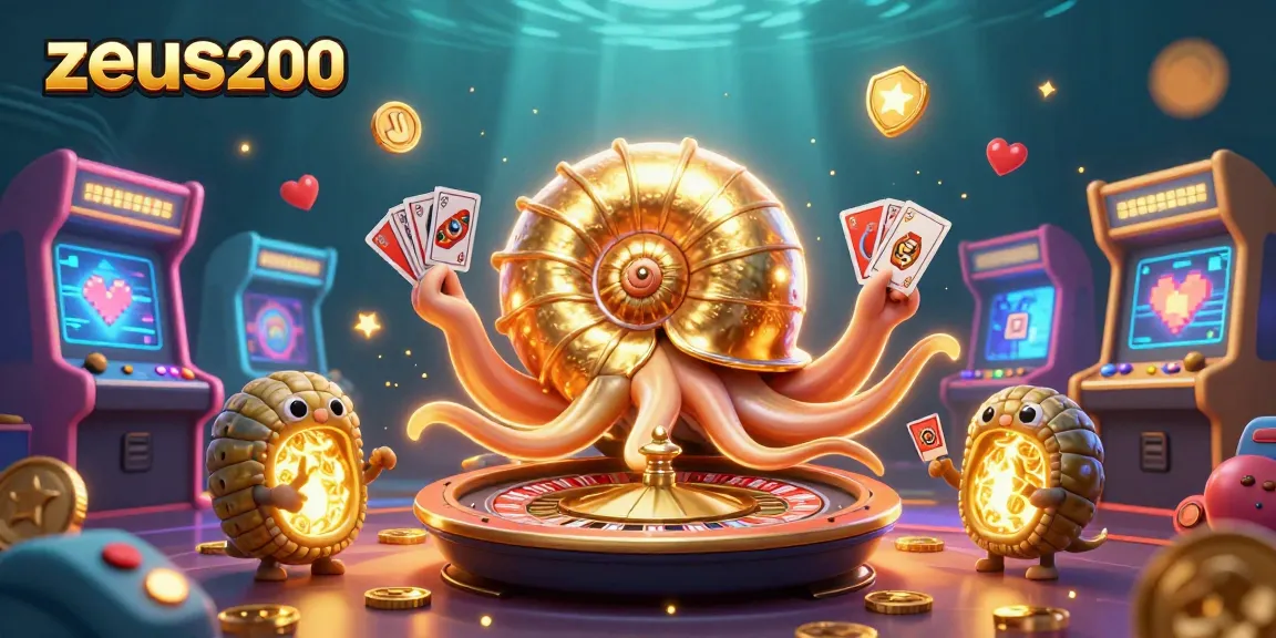 Bermain di zeus200 dengan nautilus yang menahan kartu dan mesin arcade dalam suasana kasino yang cerah.