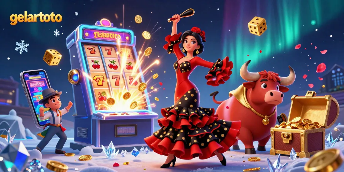gelartoto features a flamenco dancer and bull with slot machine symbols in a vibrant casino scene