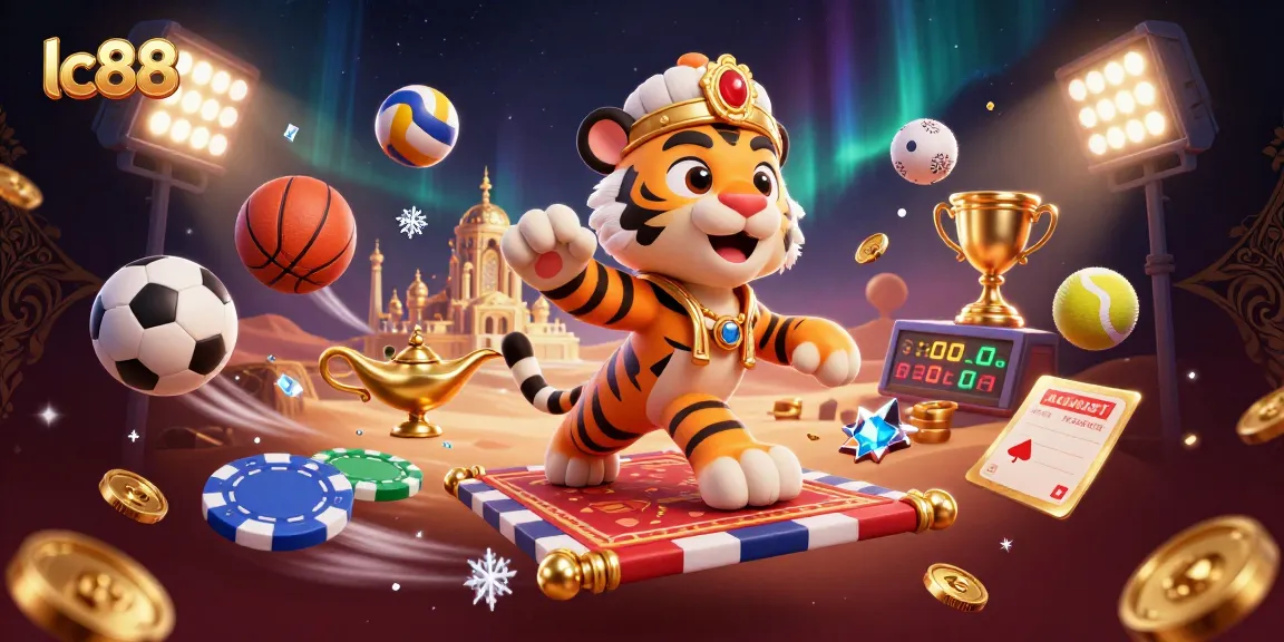 Play and win with lc88's vibrant 3D casino scene featuring a magical tiger sultan and dynamic sports action.