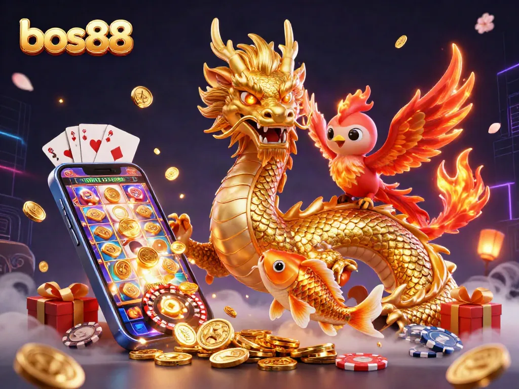 Experience thrilling slots with bos88, as the golden dragon and phoenix soar amidst coins and games.