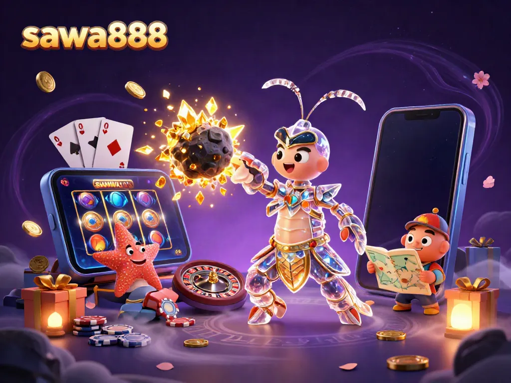 Engage with sawa888 through vibrant, dynamic casino themes featuring characters like a mantis shrimp and starfish.