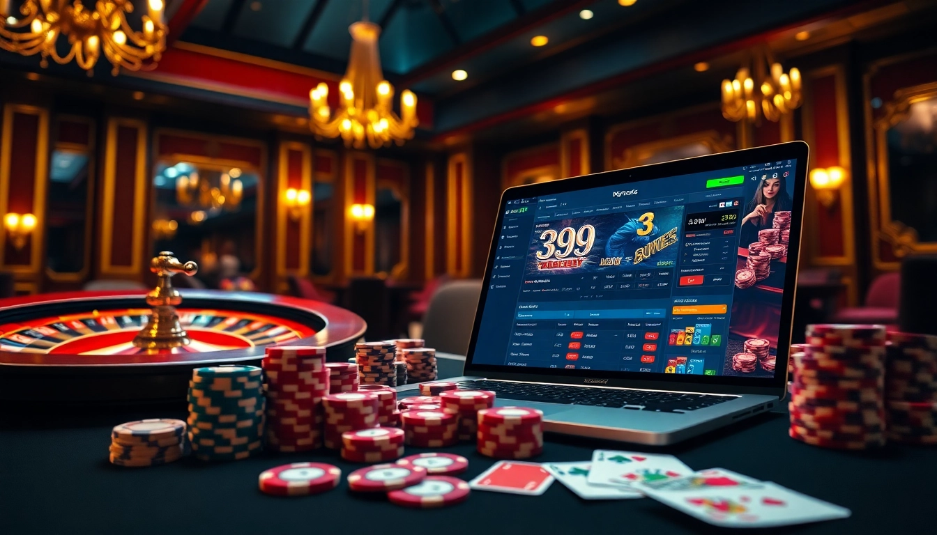 Engaging online gambling scene at 399W showcasing roulette and poker chips.