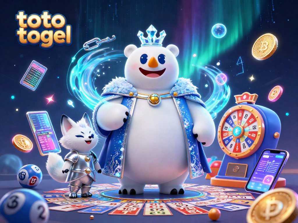 Menangkan toto togel dengan bola bernomor dan mesin lotere yang mengelilingi raja beruang kutub.