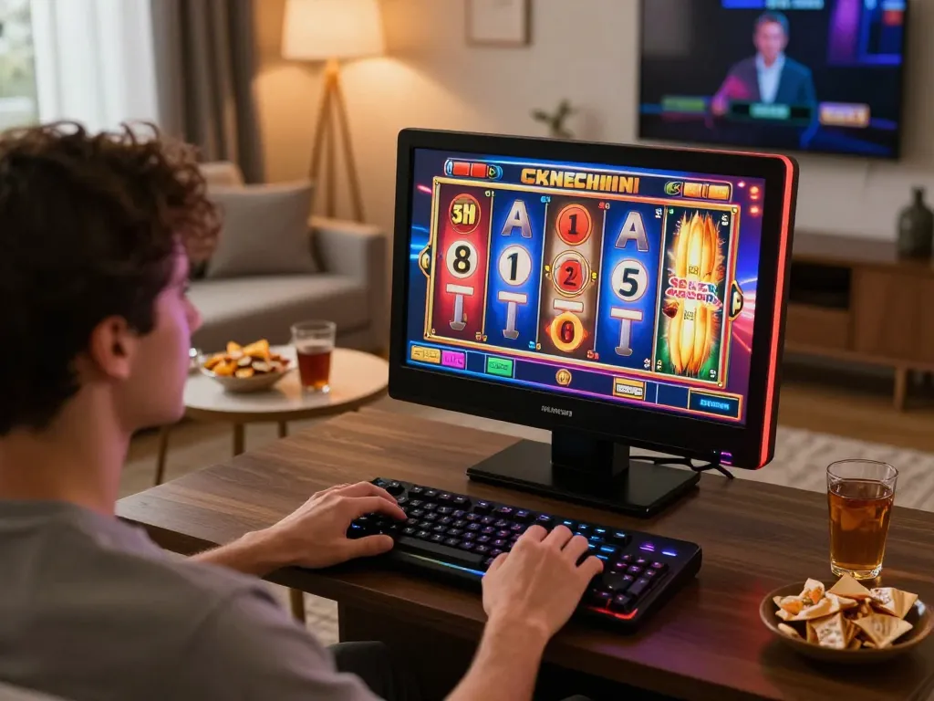 Engaging online slot gaming experience with jangkar55, player focused on vibrant slot machine screen.