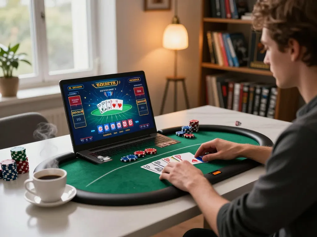 Engaging home gaming with Rajabet123 on a laptop, displaying dynamic poker action and cozy atmosphere
