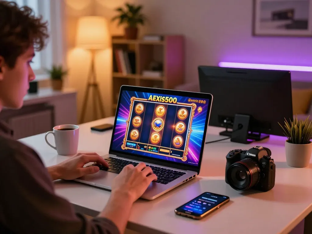 Gamer yang terlibat memainkan slot dinamis di alexis500, menampilkan suasana kasino online yang berwarna-warni