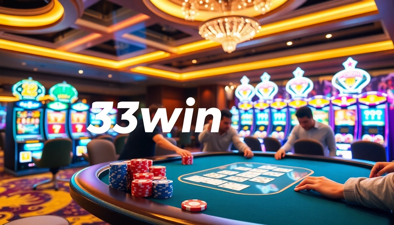 Players enjoying a thrilling game at 33win's online casino, showcasing vibrant poker chips and cards.