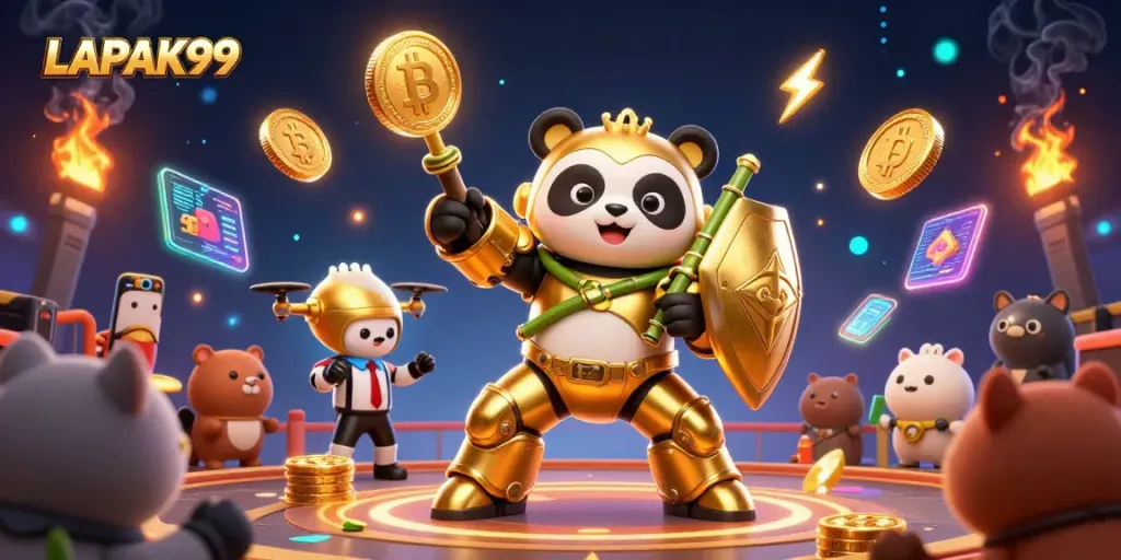 LAPAK99 showcases a dynamic scene with a golden panda mech fighting robot amidst vibrant crypto elements for an engaging gaming experience.
