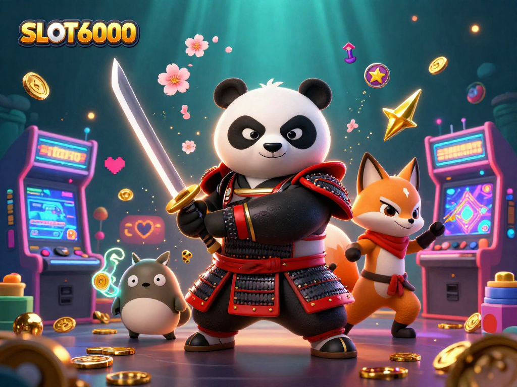 SLOT6000 menampilkan samurai panda 3D beraksi di kasino dengan mesin permainan berwarna-warni dan efek cahaya