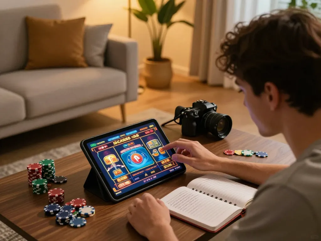 Engaging gameplay on IDCASH88 online slots at a cozy home setup with strategic notes.