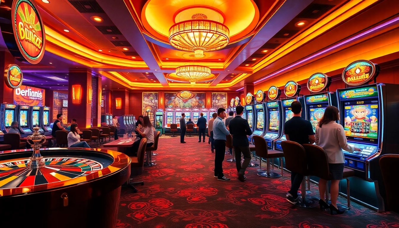 Berlian888 casino players engage with slot machines in a vibrant, exciting atmosphere.