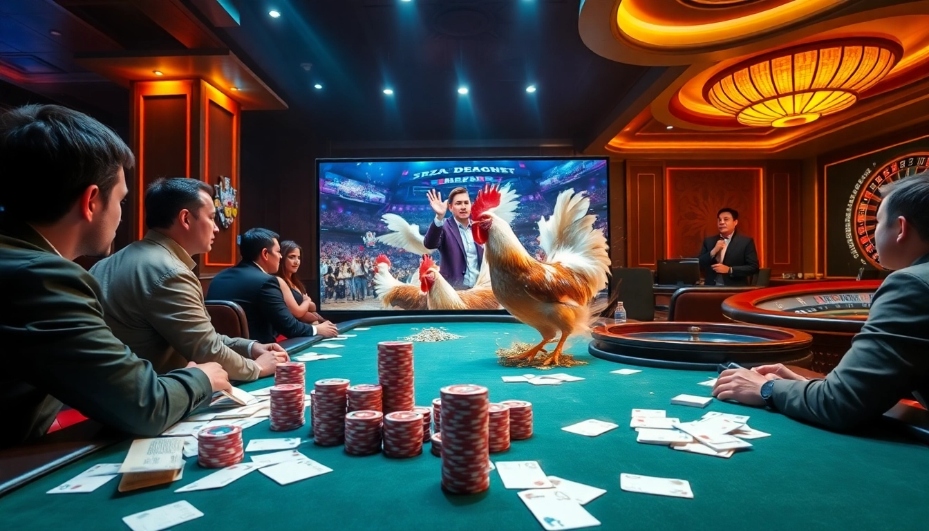 Watch thrilling đá gà trực tiếp in a vibrant casino setting with dynamic betting action.